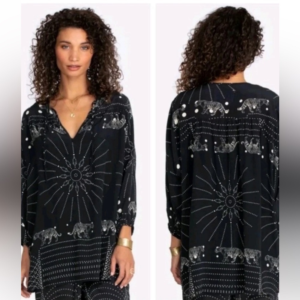 Johnny Was Biya Silk Alisha Black Printed V-Neck Tunic Top Blouse Size XL Rare
